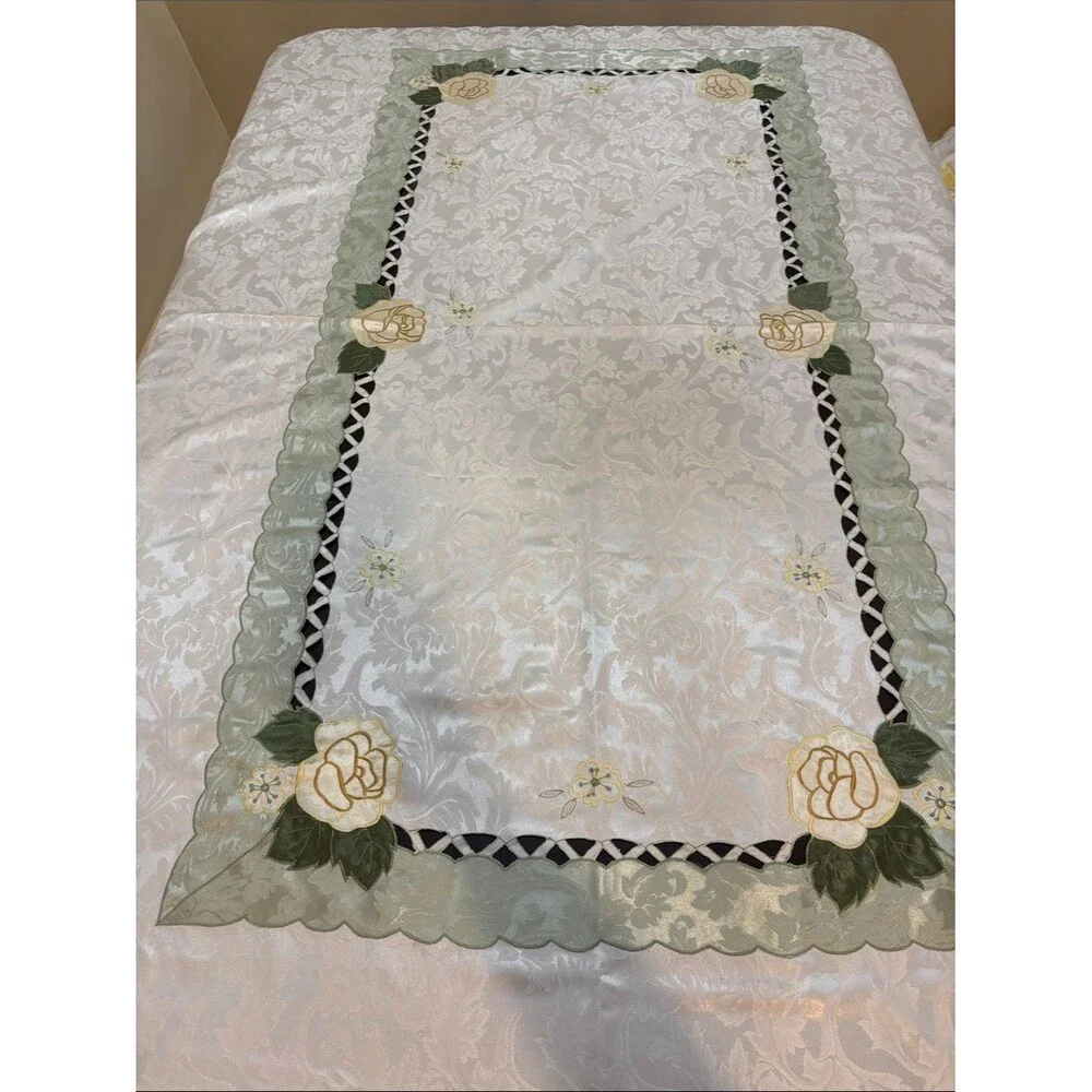 Elegant Cream Floral Embroidered Cut out Tablecloth